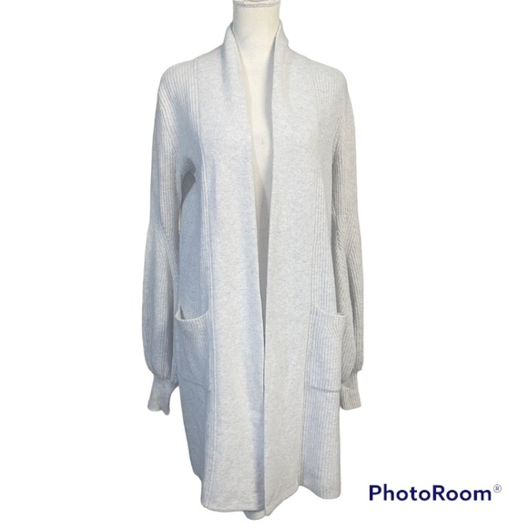 BCBGMaxazaria Grey Wool Long Ballon Sleeve Open Front Cardigan Sweater - Picture 2 of 7